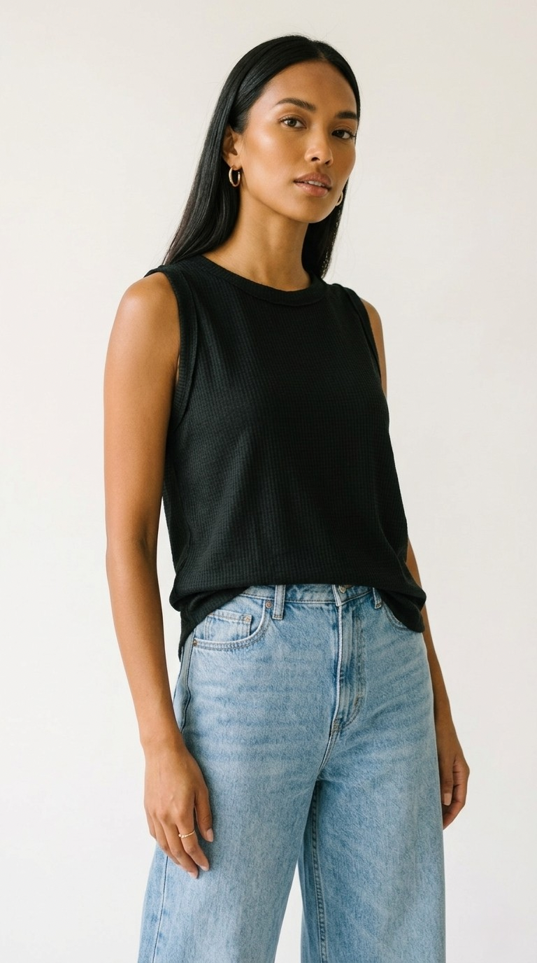 Alvéole Black Round Neck Waffle Tank