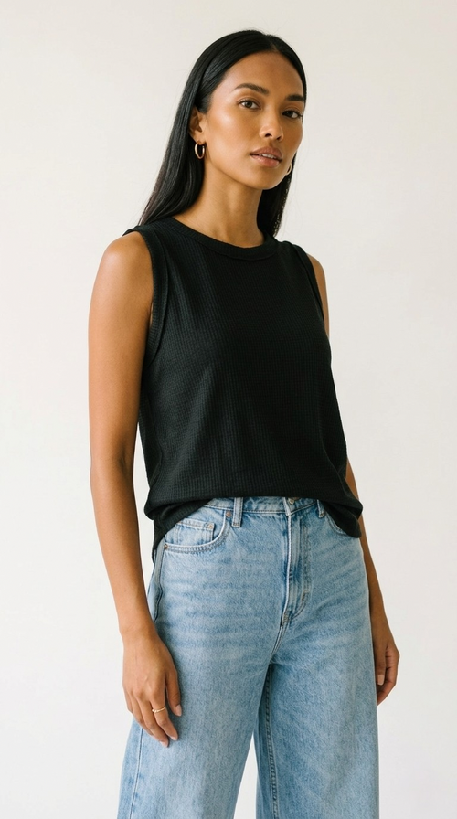 Alvéole Black Round Neck Waffle Tank