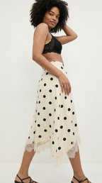Dotté Satin Lace Trim Asymmetrical Midi Skirt