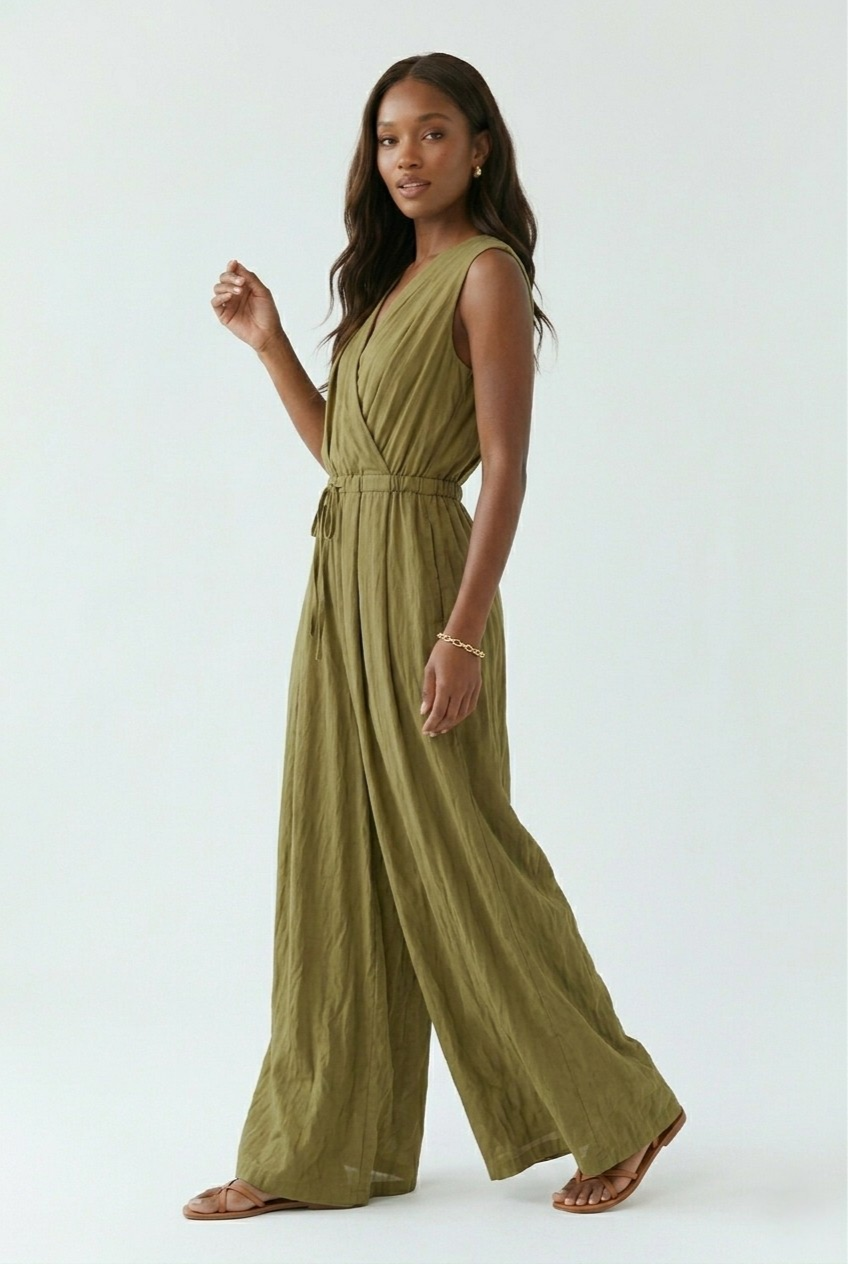 Olive Draped Crinkle Jumpsuit