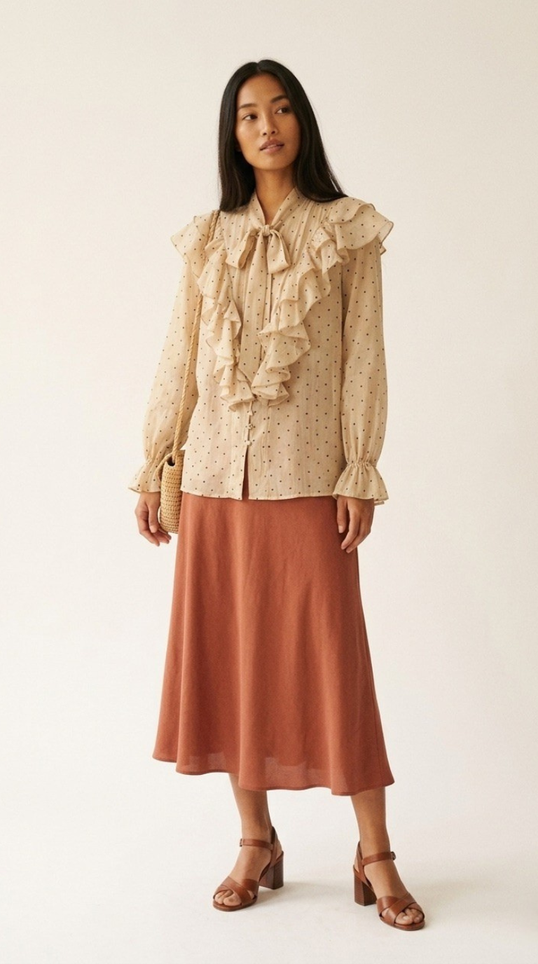 Plumetis Tie-Neck Ruffle Blouse