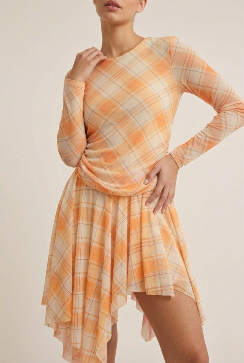 Celeste Mesh Plaid Asymmetrical Dress
