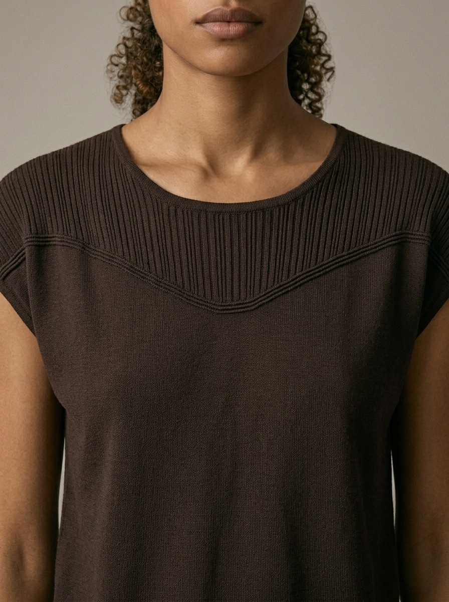 Nervuré Brown Cap Sleeve Knit Sweater
