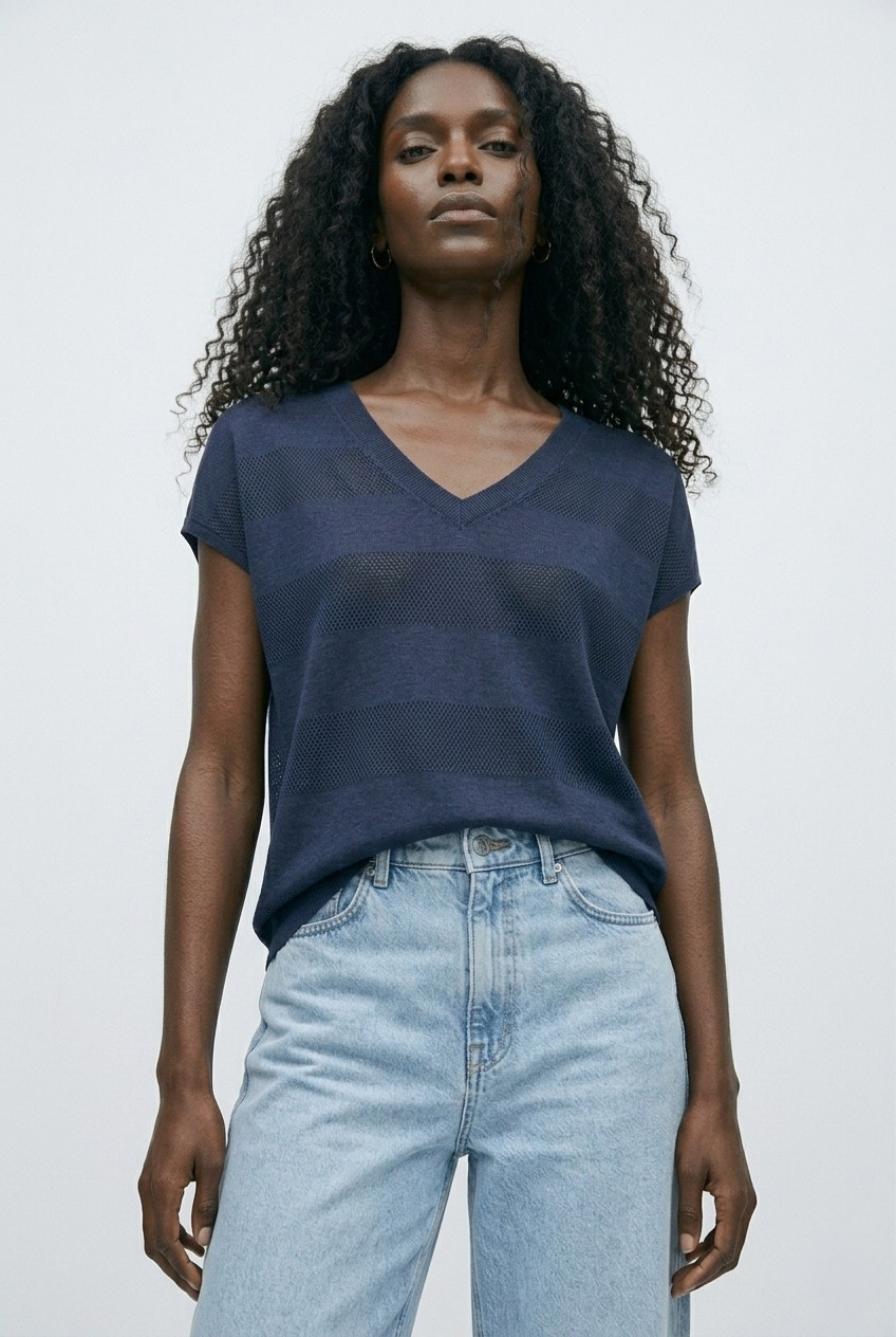 Onde Navy Stripe Texture Knit Sweater