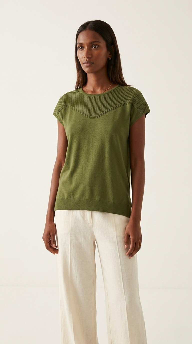 Nervuré Olive Green Cap Sleeve Knit Sweater