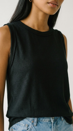 Alvéole Black Round Neck Waffle Tank