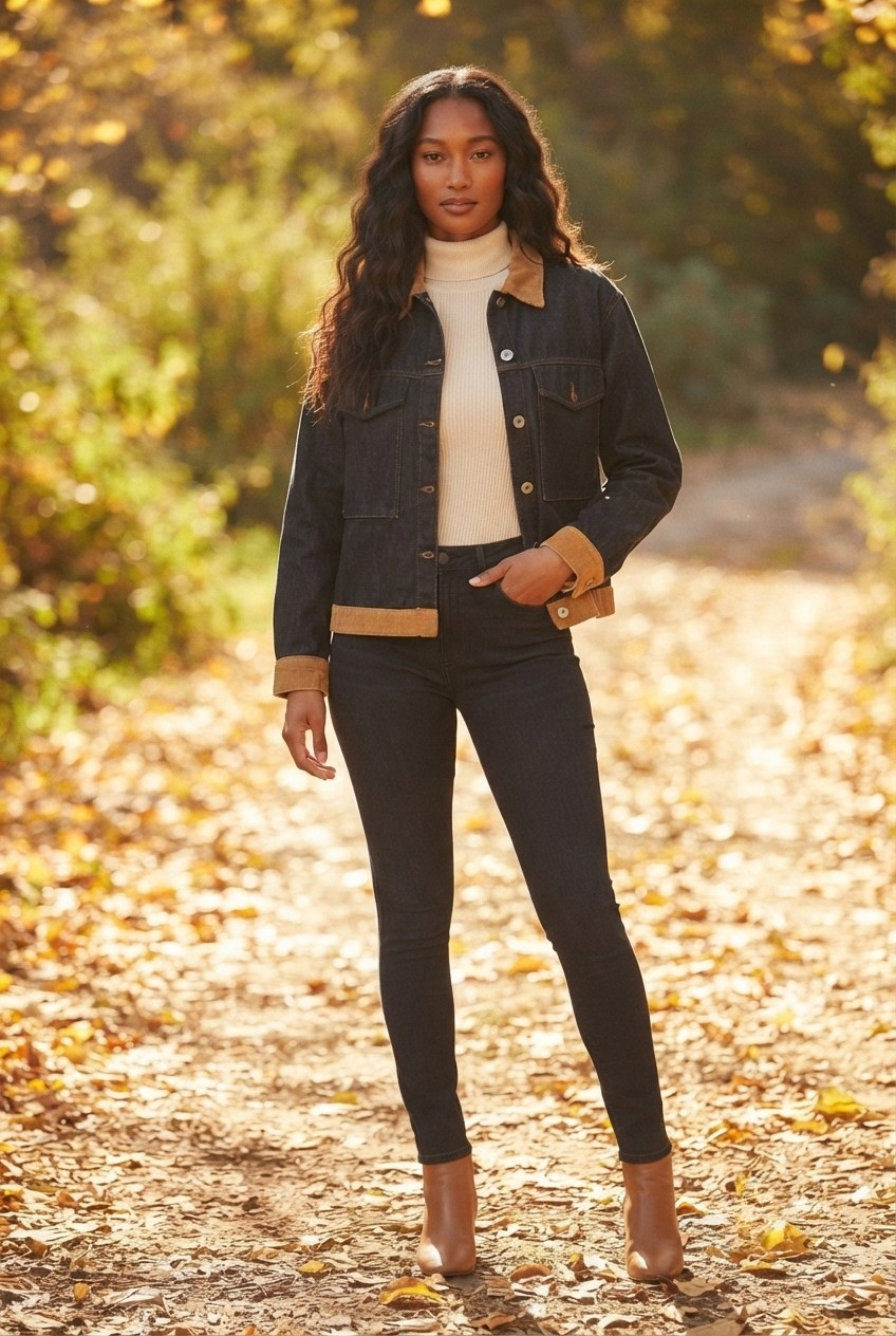 Velours Corduroy Collar Denim Jacket