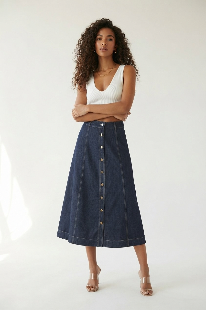 Brut Button Front Denim Midi Skirt