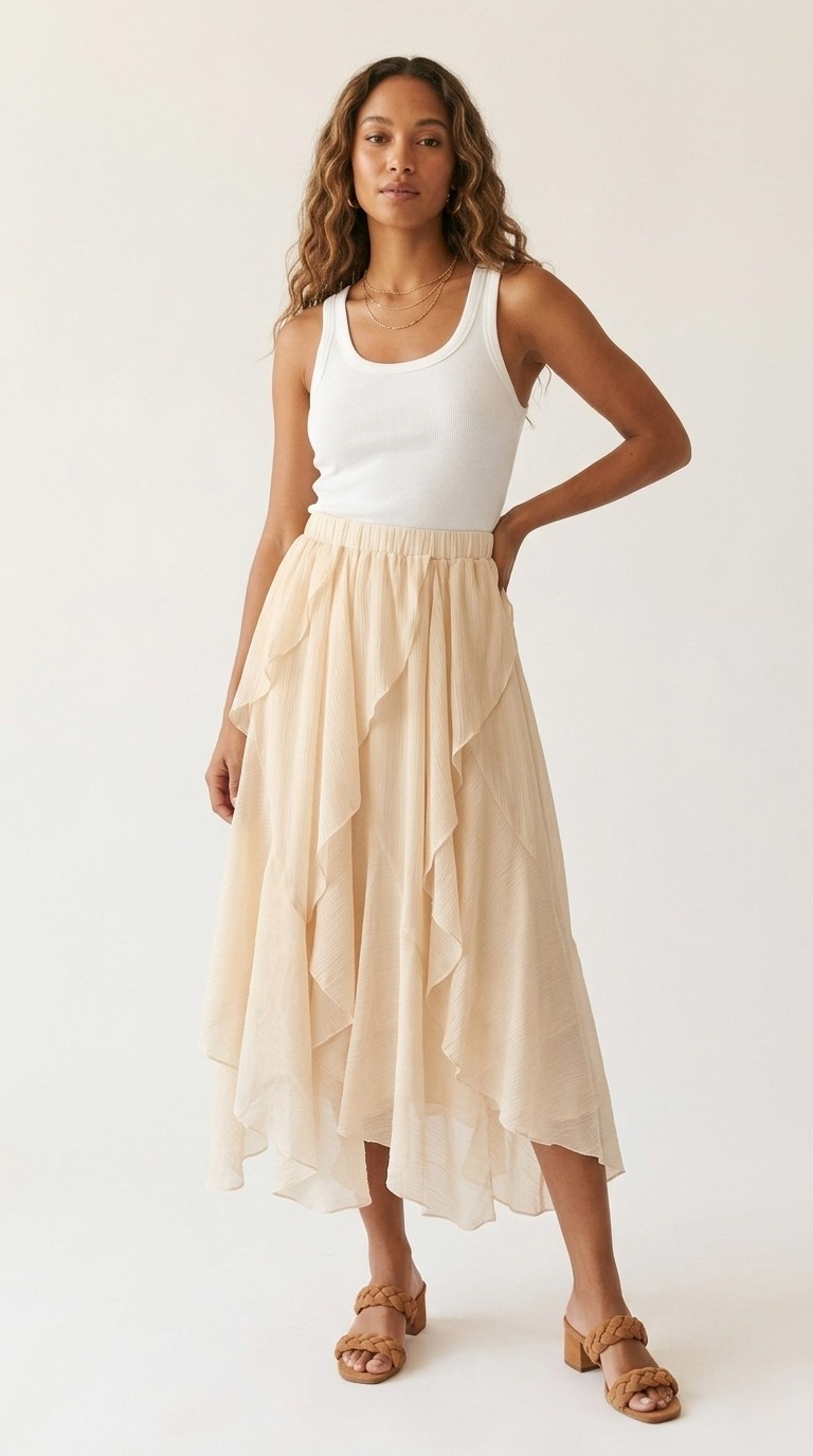 Celeste Ruffle Tiered Asymmetrical Midi Skirt