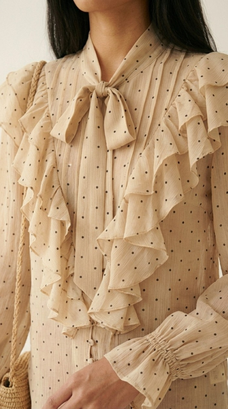Plumetis Tie-Neck Ruffle Blouse