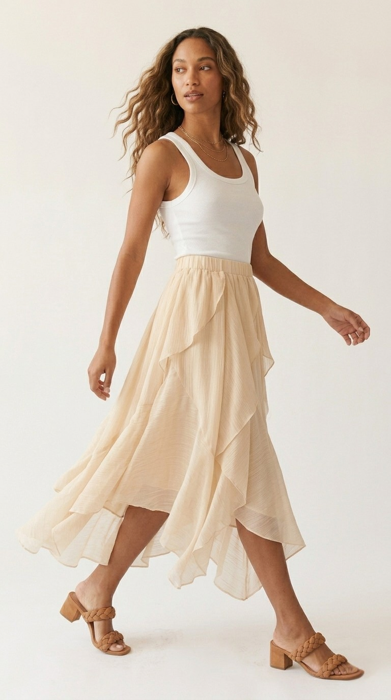 Celeste Ruffle Tiered Asymmetrical Midi Skirt