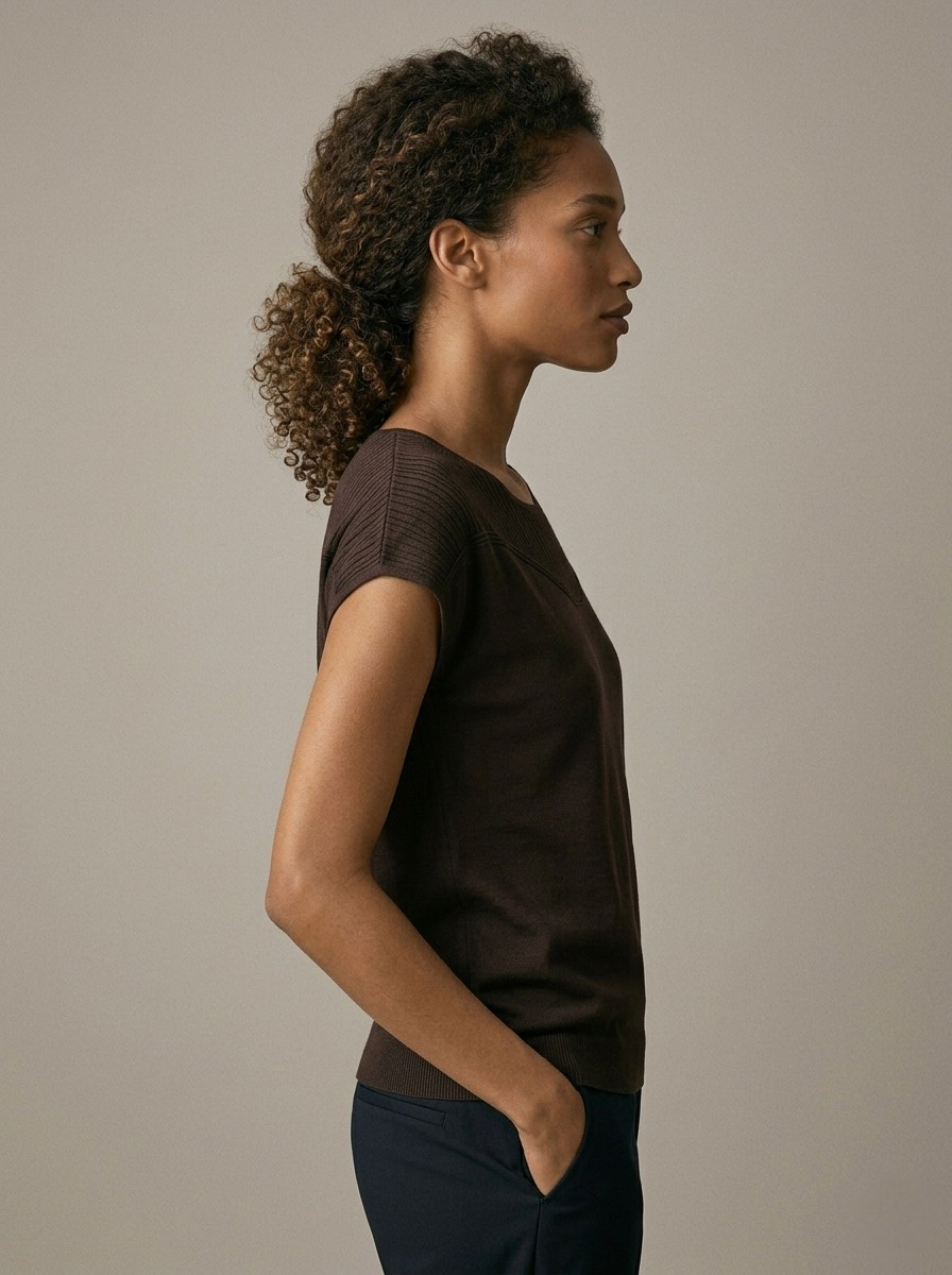 Nervuré Brown Cap Sleeve Knit Sweater