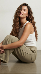 Kaki Wide Leg Cotton Pants