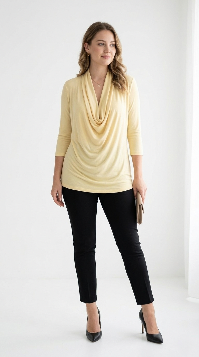 Drapé Cowl Neck 3/4 Sleeve Top