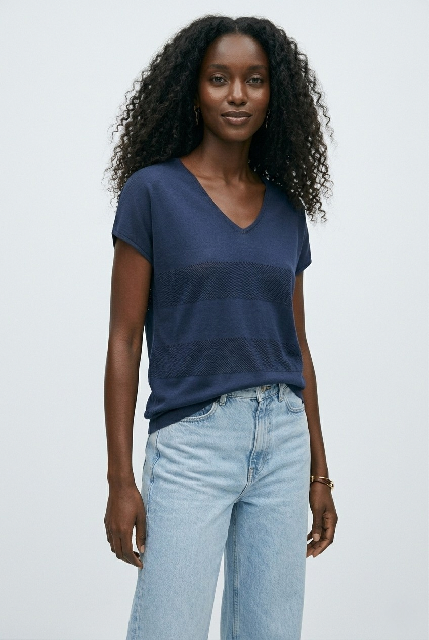 Onde Navy Stripe Texture Knit Sweater