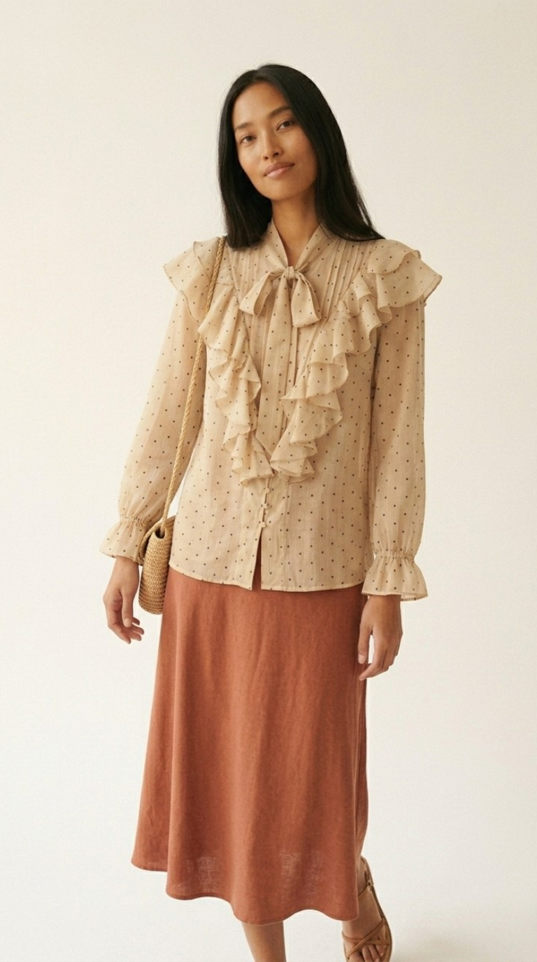 Plumetis Tie-Neck Ruffle Blouse