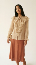 Plumetis Tie-Neck Ruffle Blouse