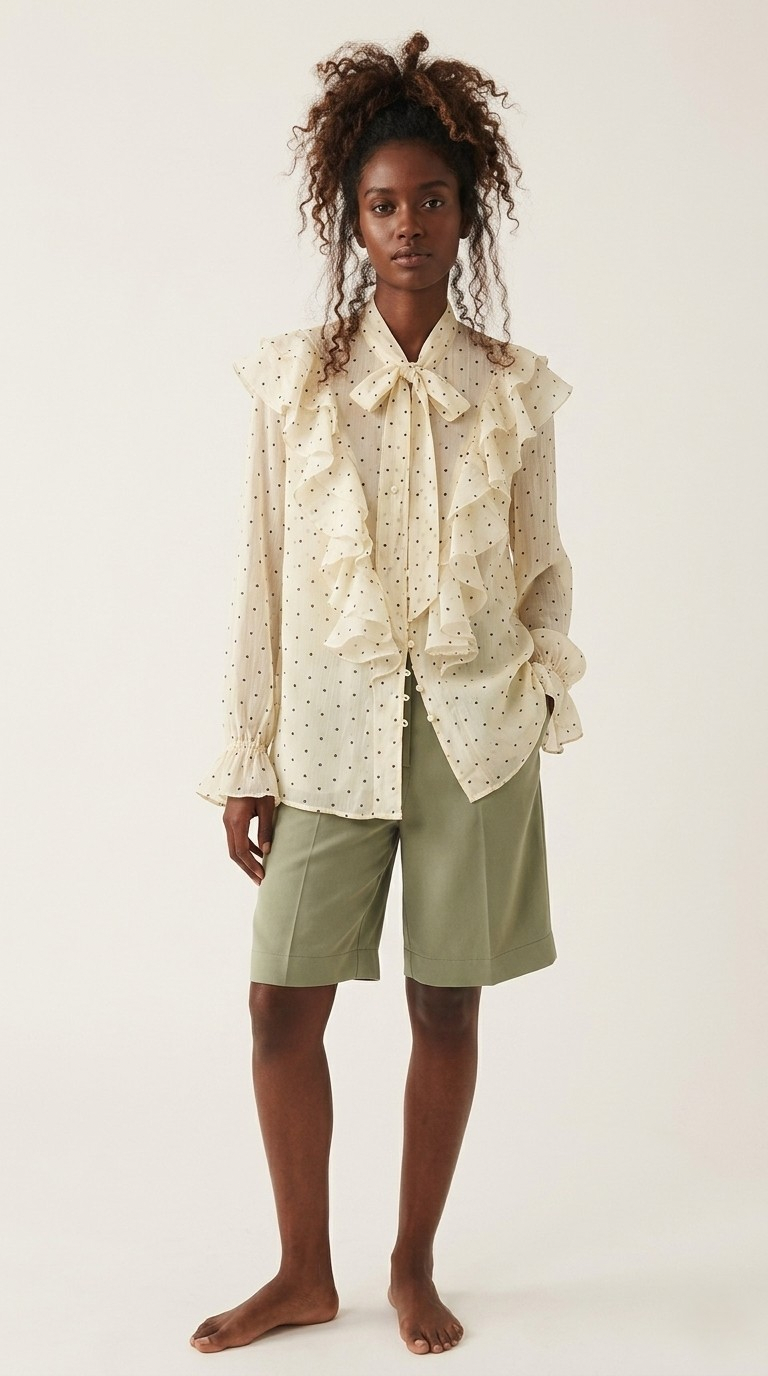 Plumetis Tie-Neck Ruffle Blouse