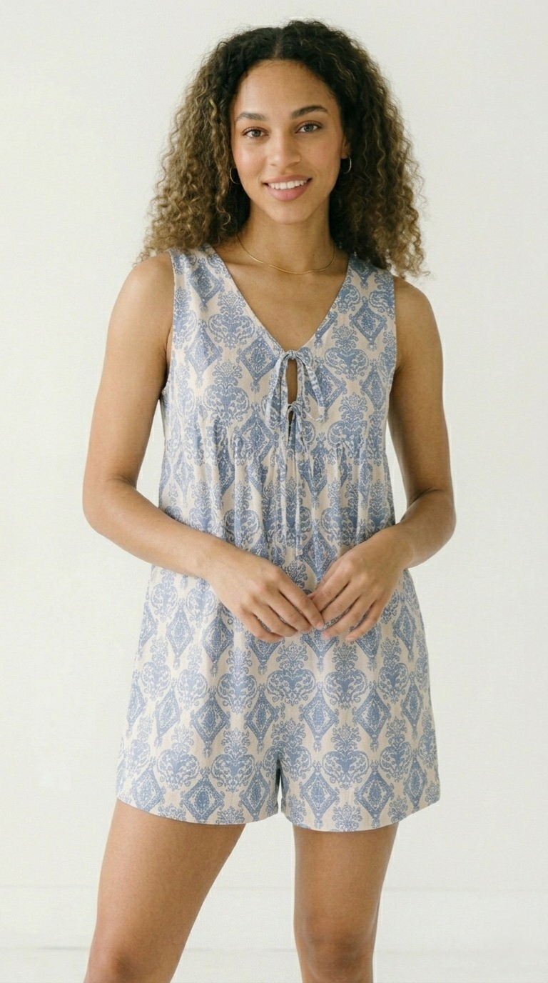 Damassé V-Neck Wide Leg Romper
