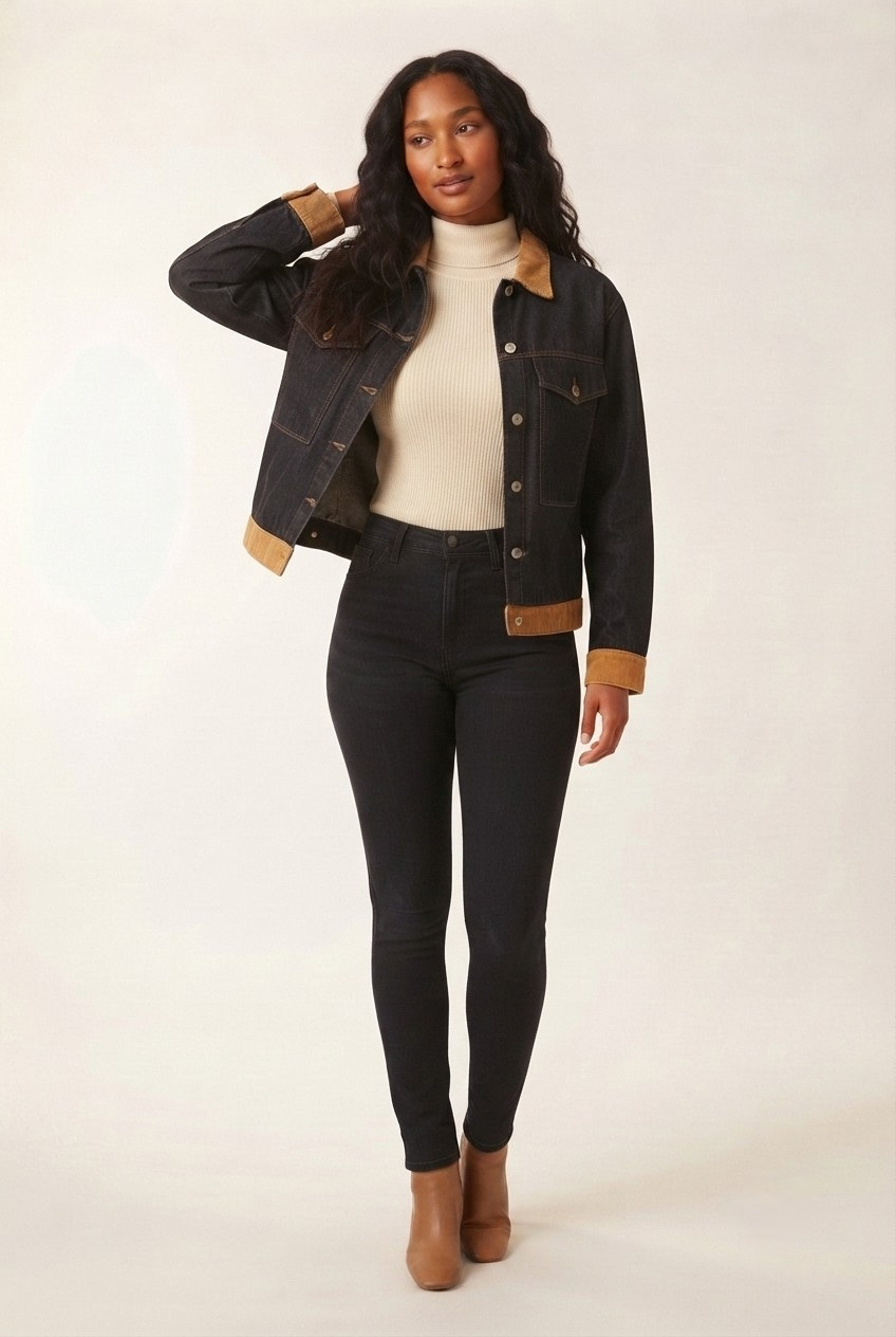 Velours Corduroy Collar Denim Jacket