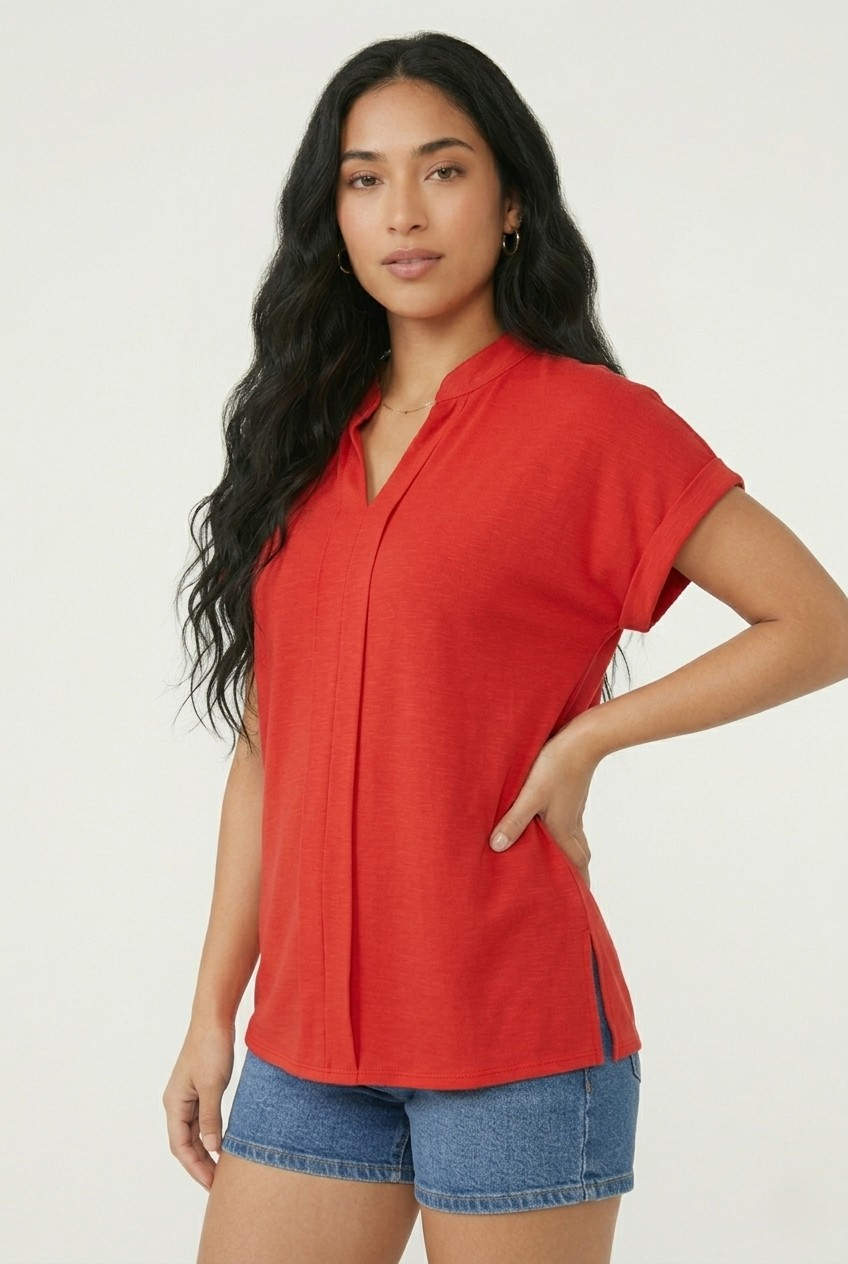 Vif Red Split Neck Blouse