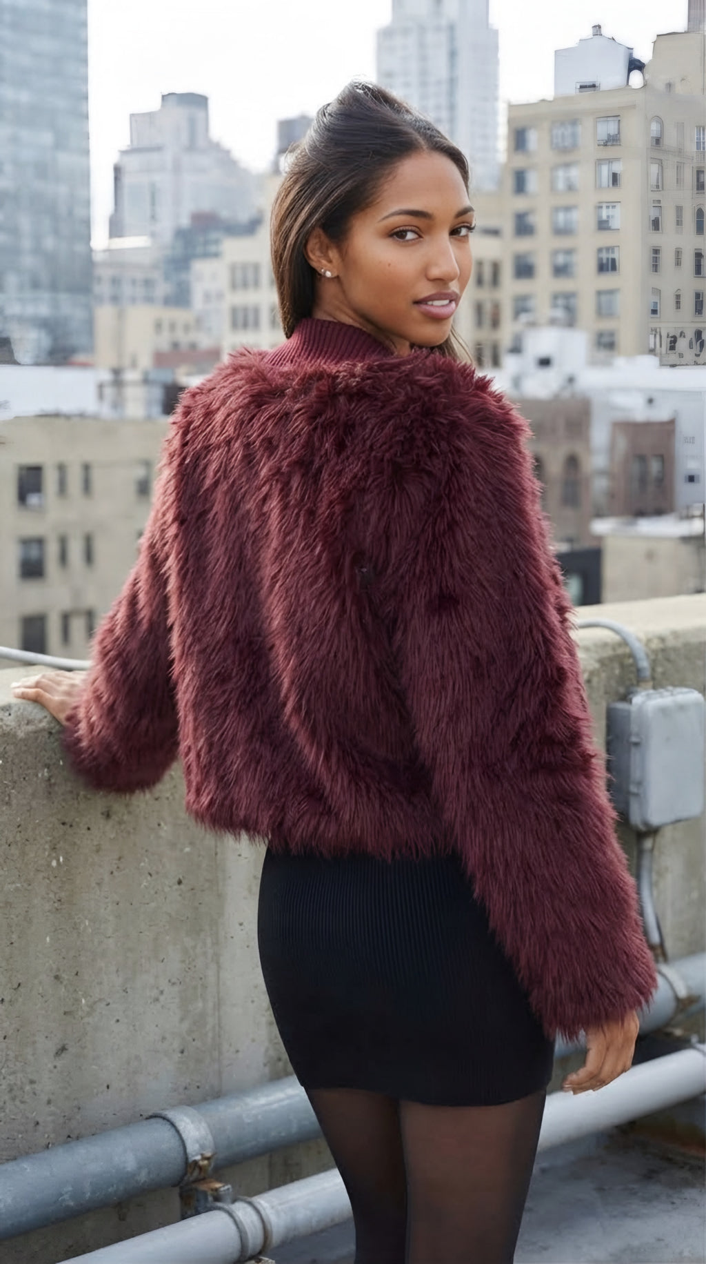 Duvet Cropped Faux Fur Jacket — Bordeaux