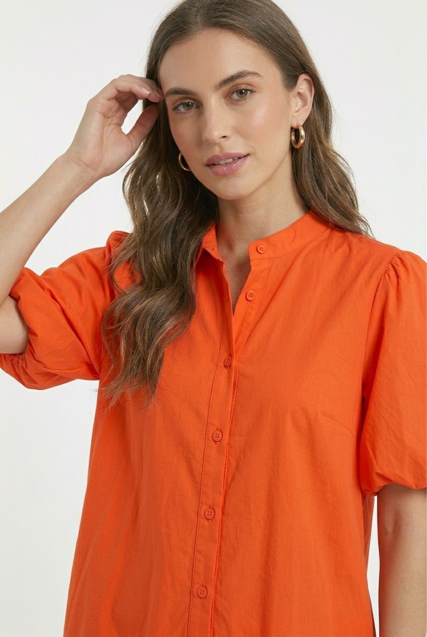 Mandarine Balloon Sleeve Shirt Dress