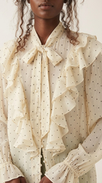Plumetis Tie-Neck Ruffle Blouse