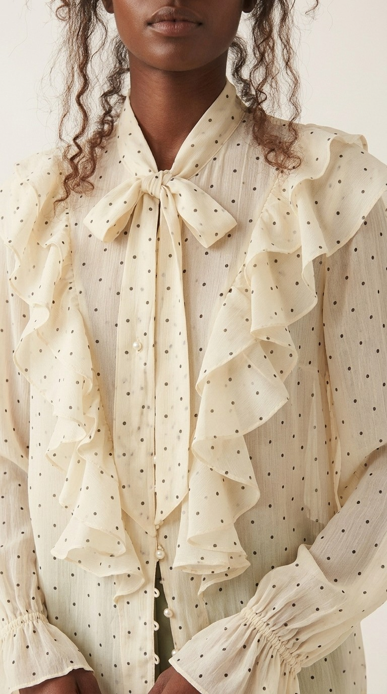 Plumetis Tie-Neck Ruffle Blouse