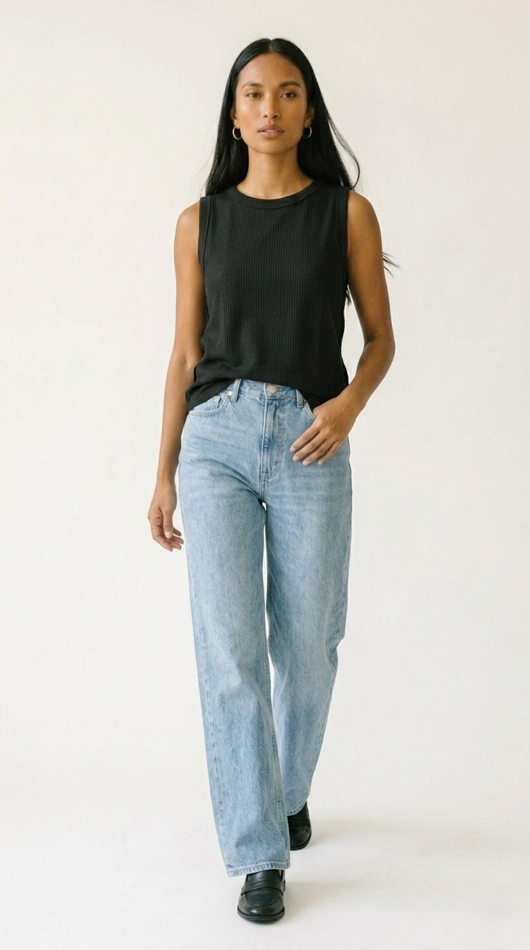 Alvéole Black Round Neck Waffle Tank