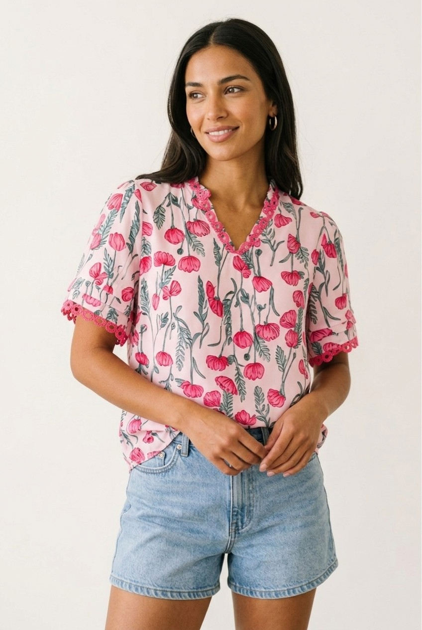 Pavot Floral Crochet Trim Blouse
