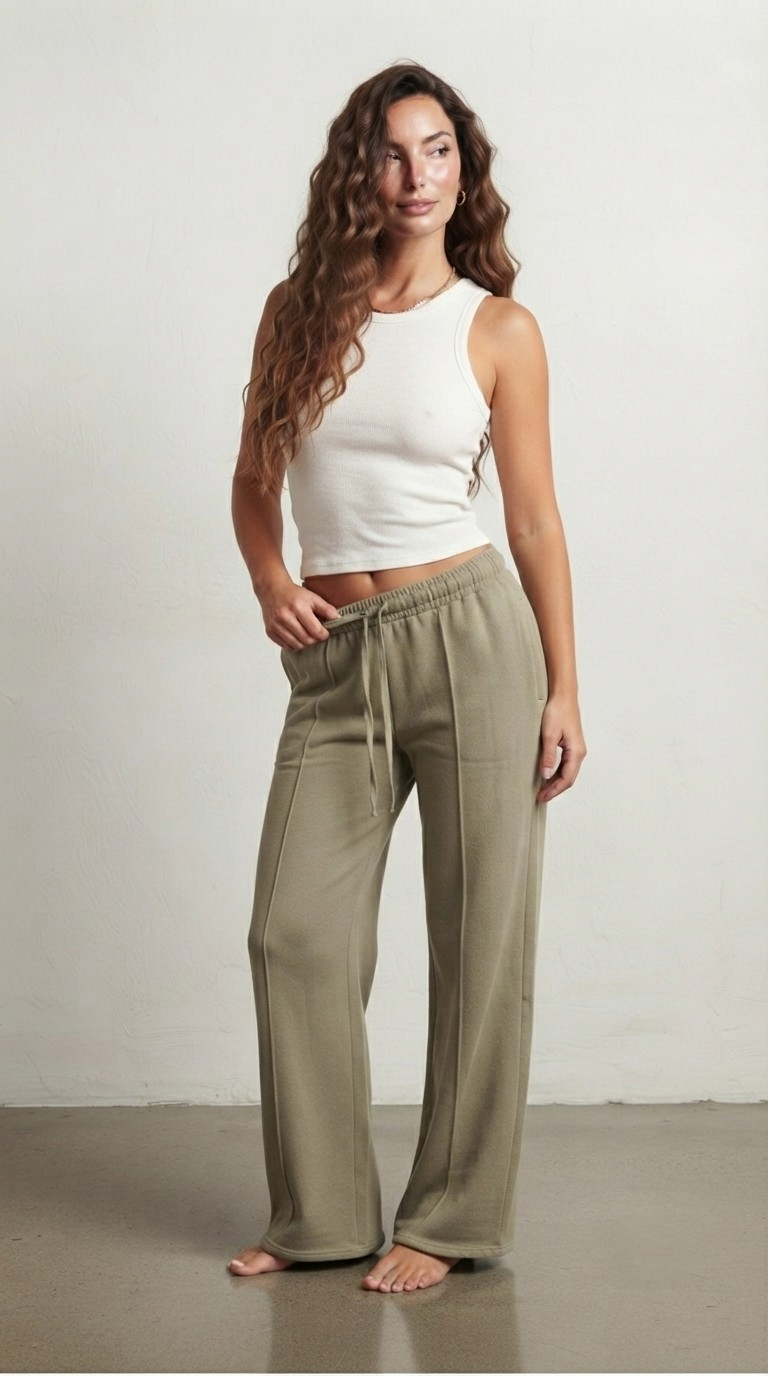 Kaki Wide Leg Cotton Pants