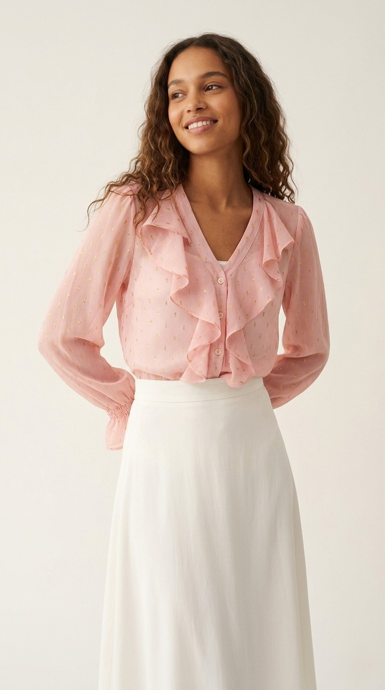 Poudré Polka-Dot Ruffle Blouse