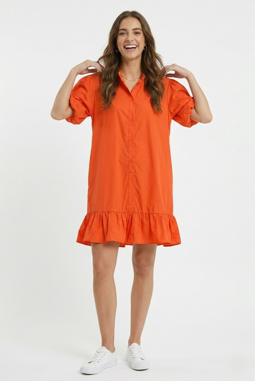 Mandarine Balloon Sleeve Shirt Dress