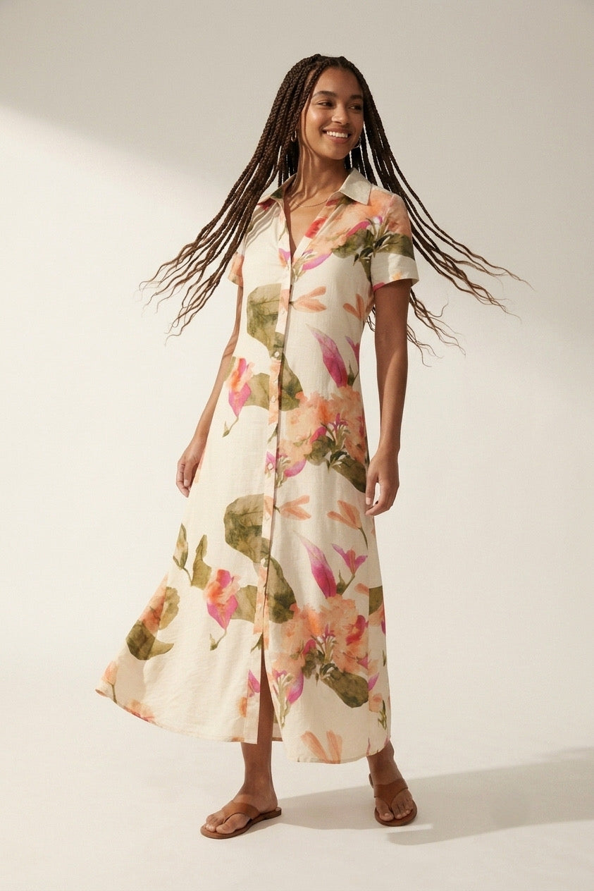 Aquarelle Floral Maxi Shirt Dress