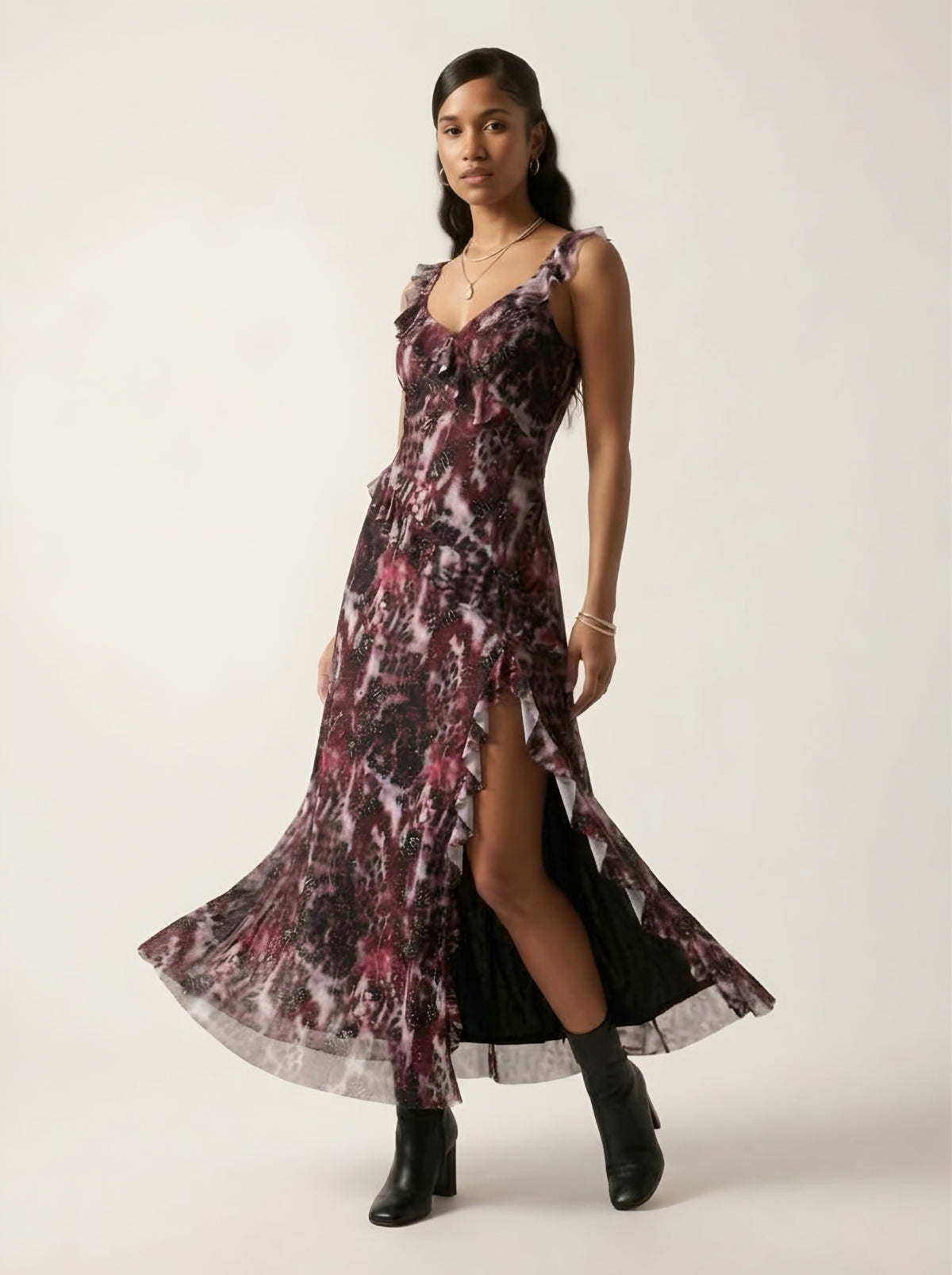 Sauvage Ruffle Trim Mesh Maxi Dress