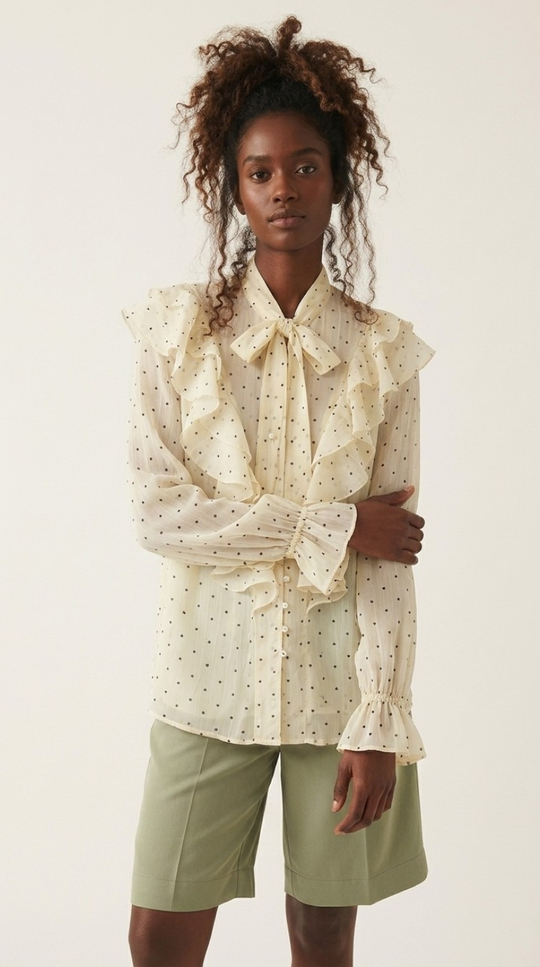 Plumetis Tie-Neck Ruffle Blouse