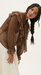 Plumetis Tie-Neck Ruffle Blouse