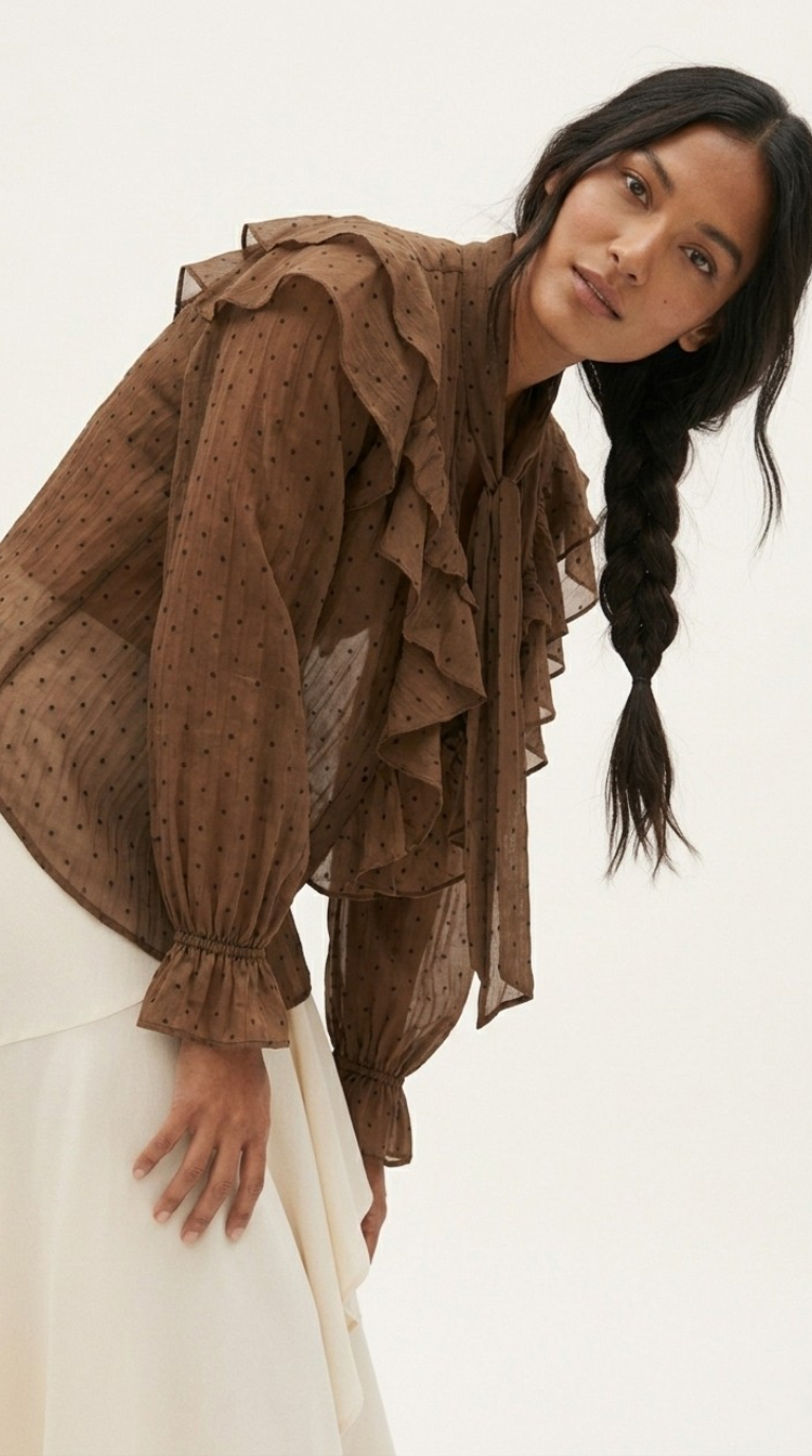 Plumetis Tie-Neck Ruffle Blouse
