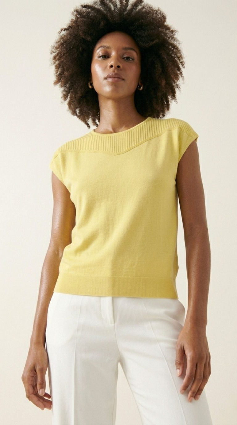 Nervuré Yellow Cap Sleeve Knit Sweater