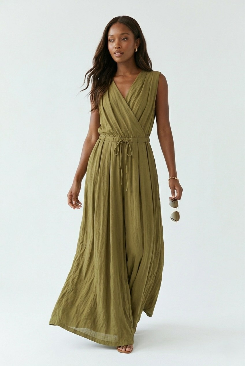 Olive Draped Crinkle Jumpsuit