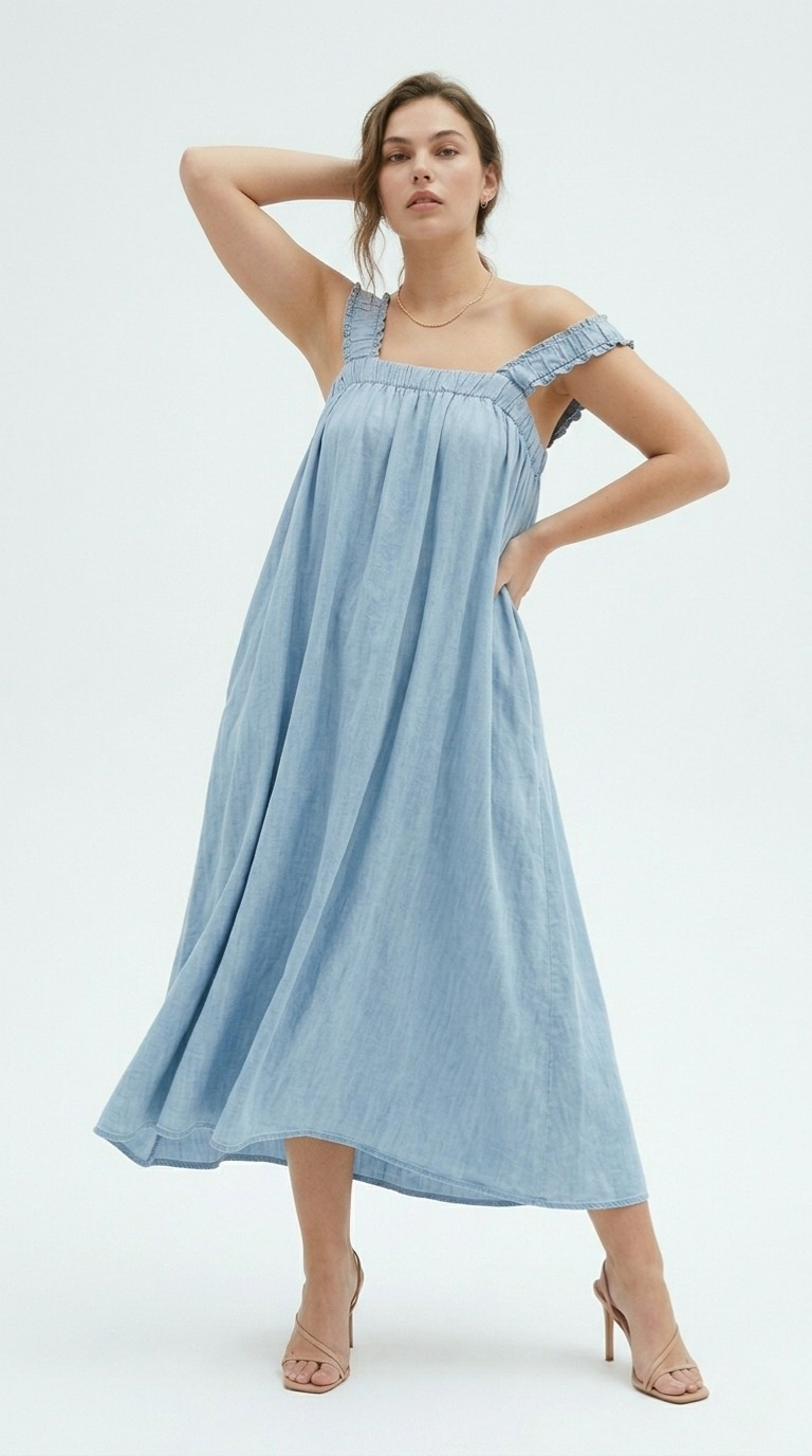 Azur Ruffled Strap Tencel Maxi Dress