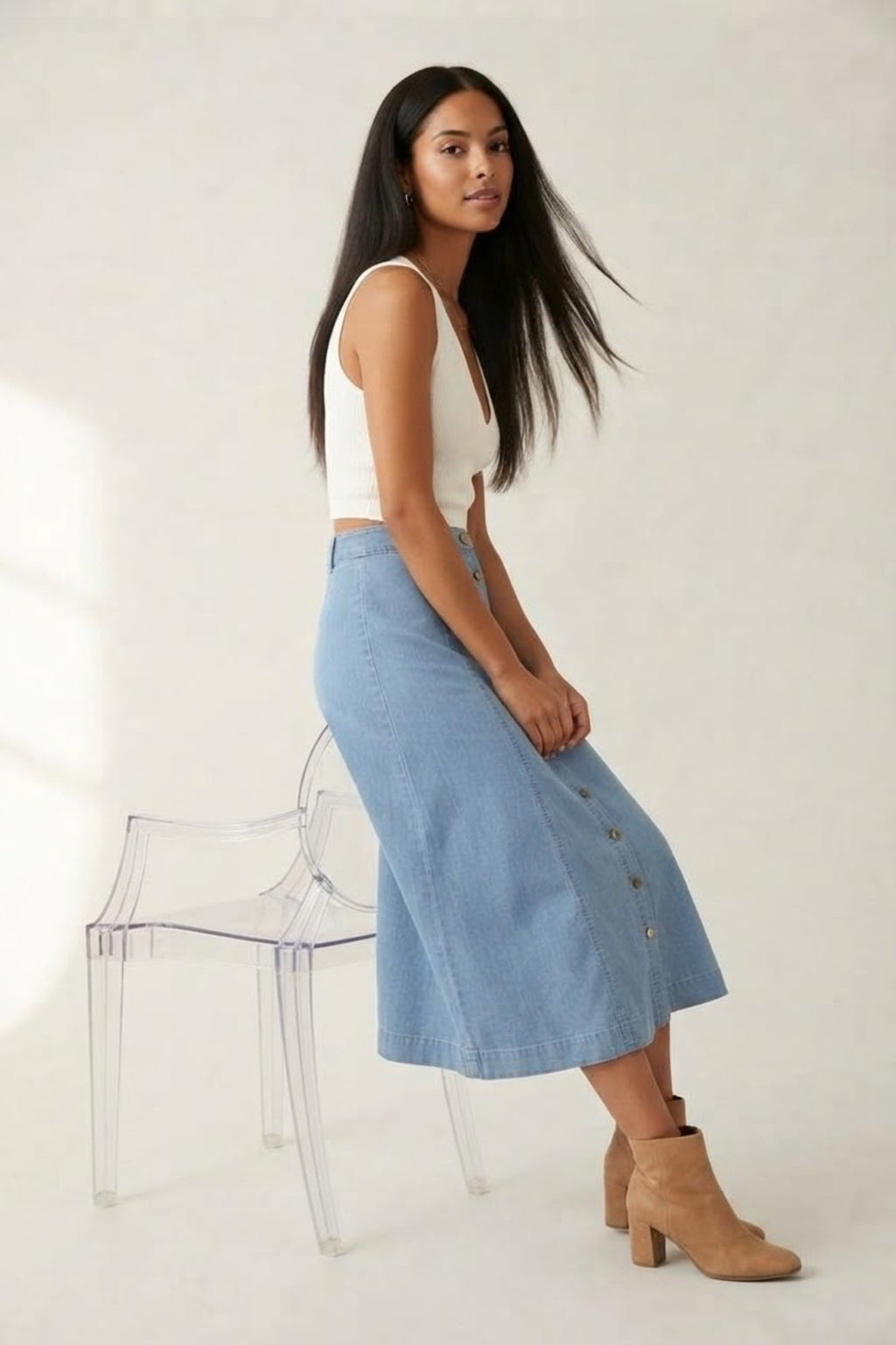 Brut Button Front Denim Midi Skirt
