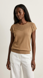 Nervuré Camel Cap Sleeve Knit Sweater