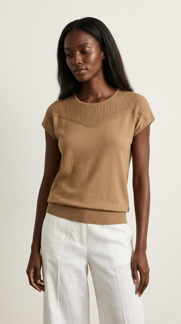 Nervuré Camel Cap Sleeve Knit Sweater