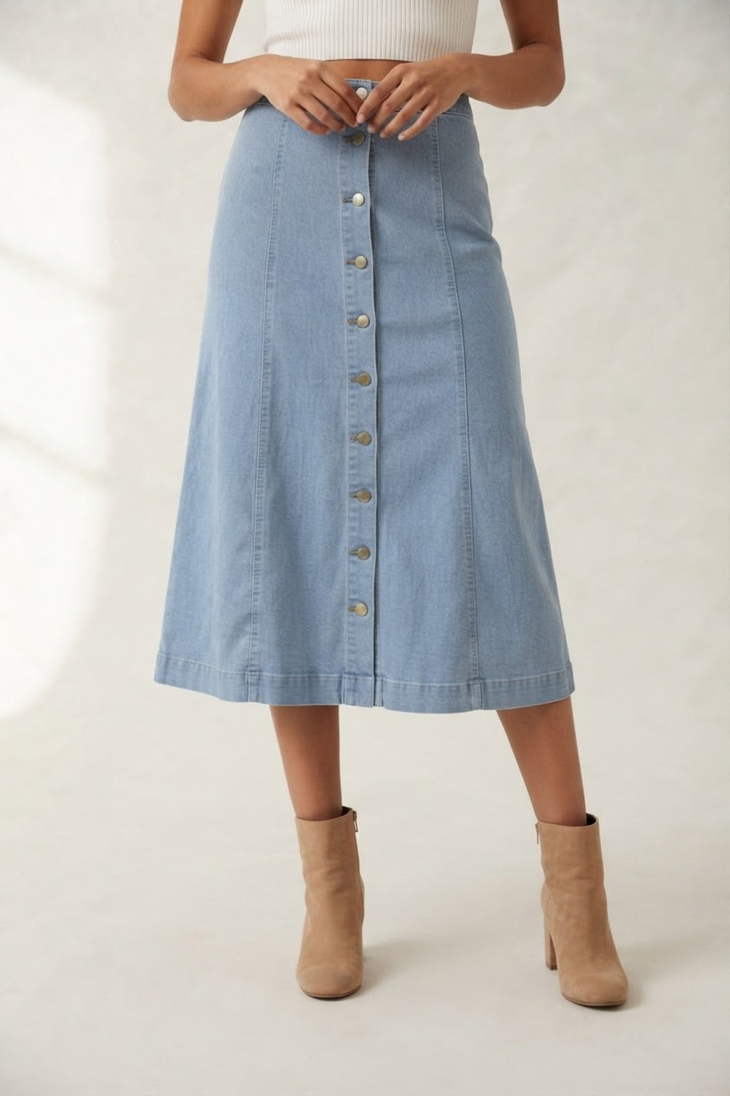 Brut Button Front Denim Midi Skirt