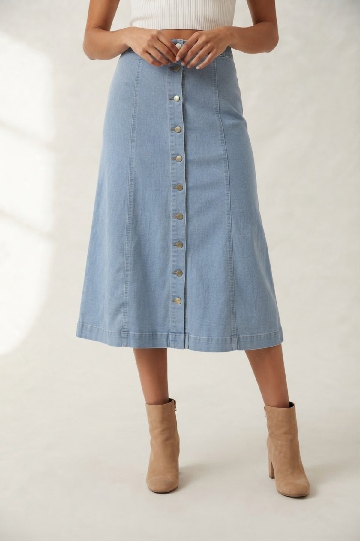 Brut Button Front Denim Midi Skirt