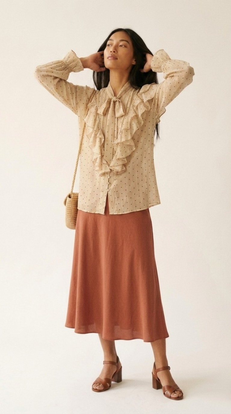 Plumetis Tie-Neck Ruffle Blouse