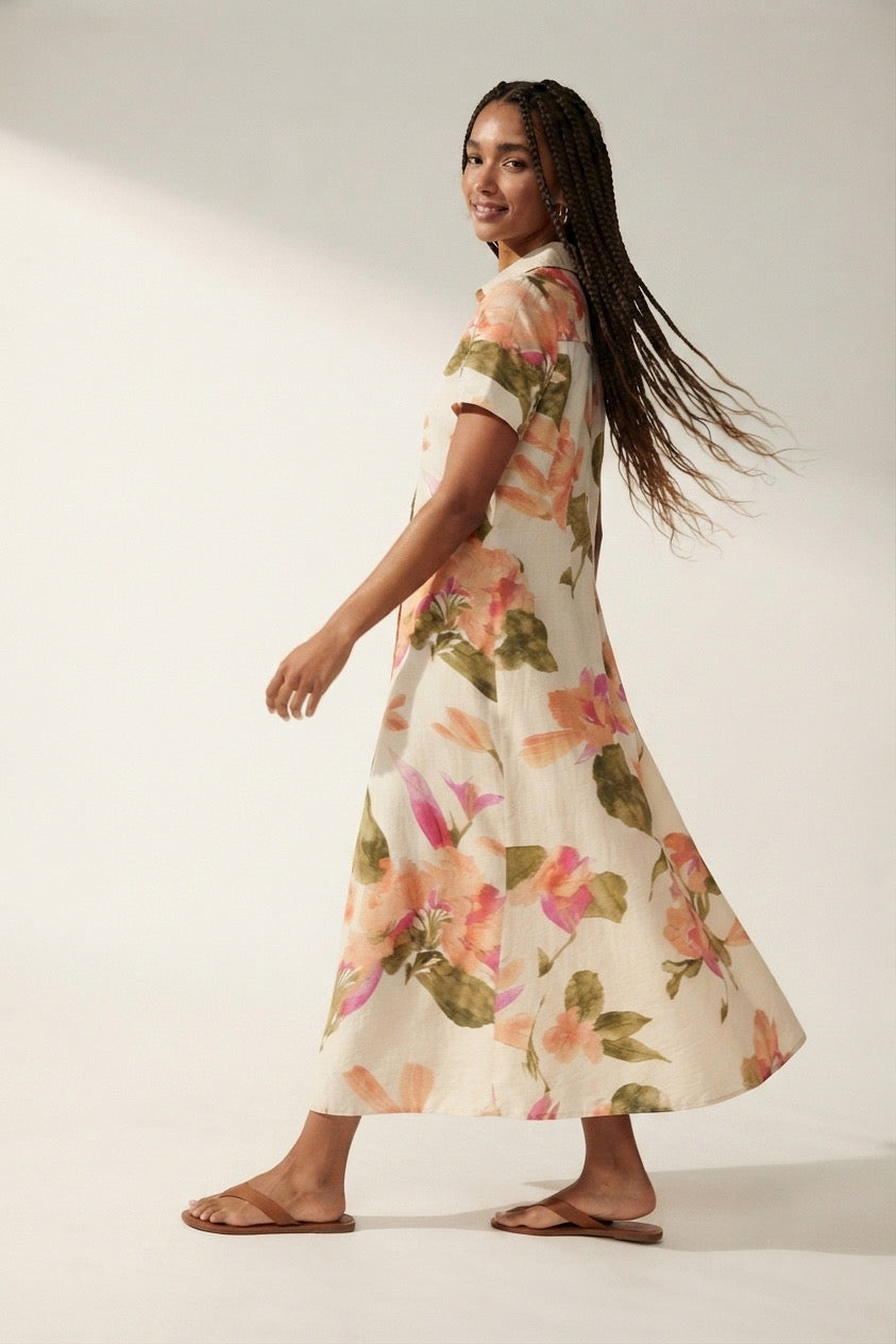 Aquarelle Floral Maxi Shirt Dress