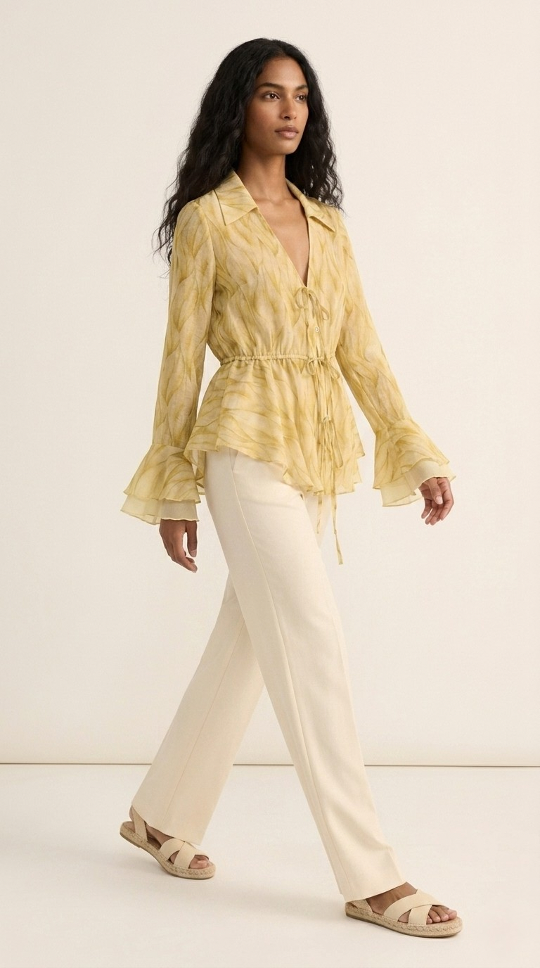 Vague Tie-Waist Printed Blouse